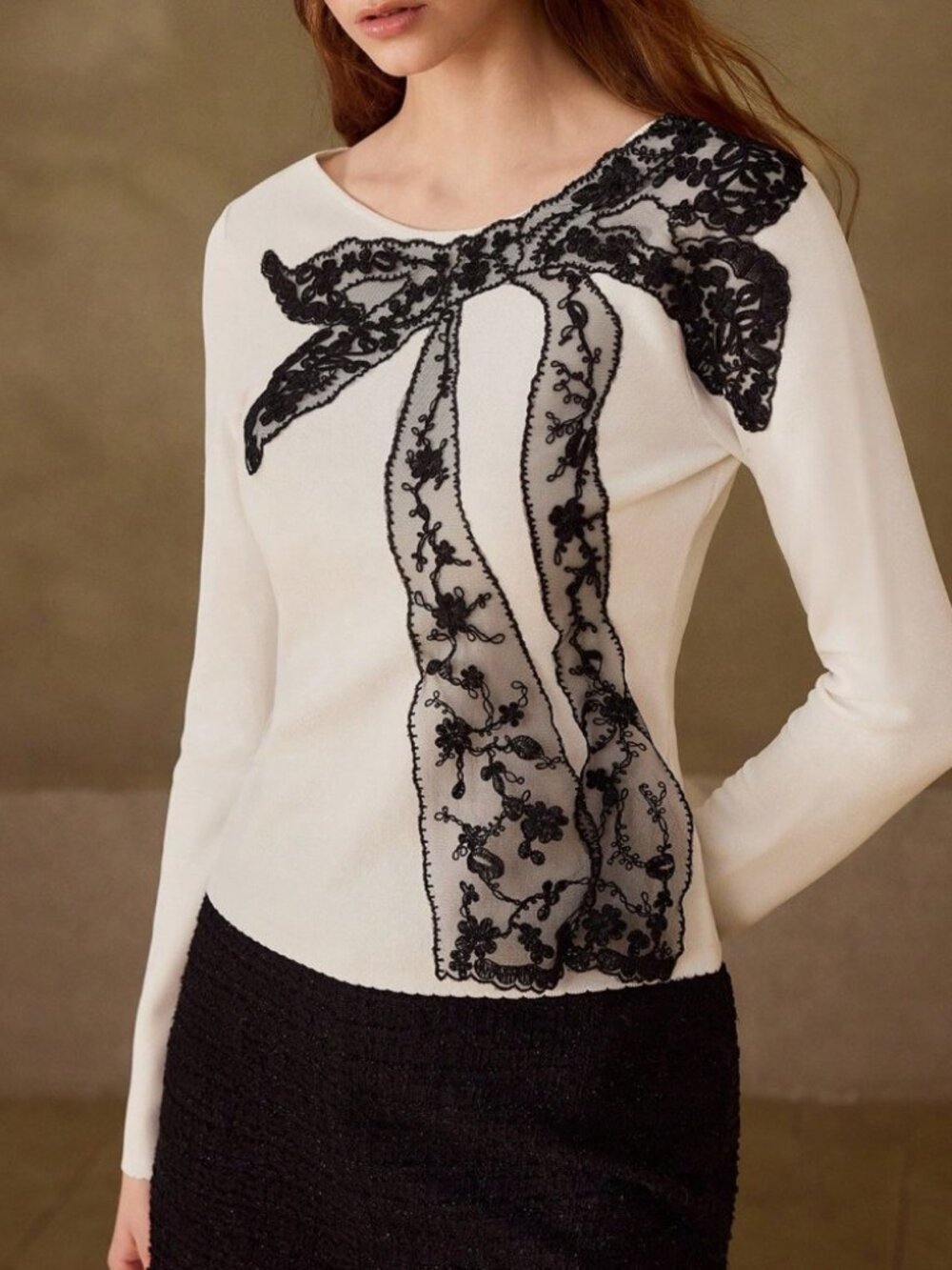 Ivory Knit Black Lace Bow Applique Long Sleeve Top